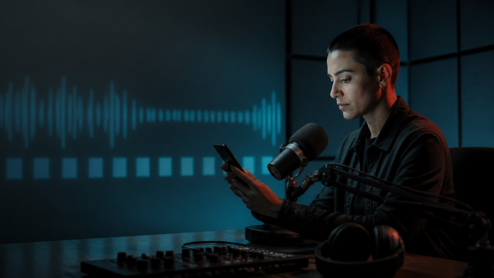 Creator reviewing campaign material in a recording studio